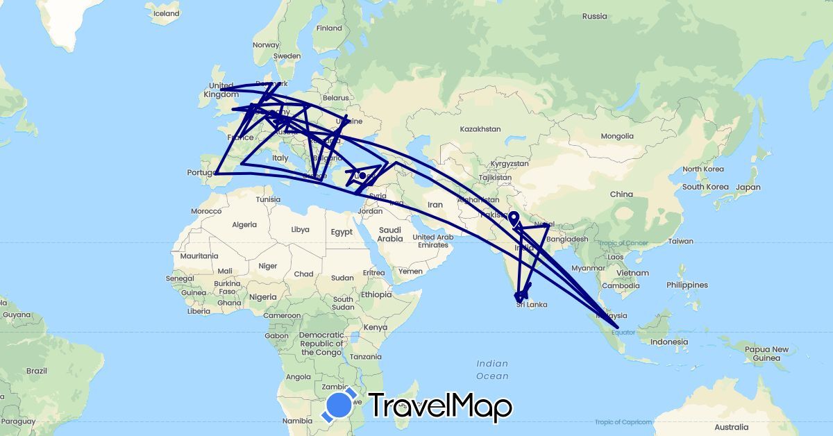 TravelMap itinerary: driving in Austria, Cyprus, Czech Republic, Germany, Denmark, Spain, France, United Kingdom, Georgia, Greece, India, Netherlands, Nepal, Poland, Romania, Singapore, Turkey, Ukraine (Asia, Europe)